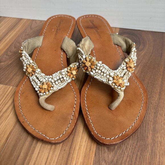 Tommy Bahama Beaded Carved Wood Wedge Flip Flop Thong Sandals Beachy Boho - Picture 8 of 15